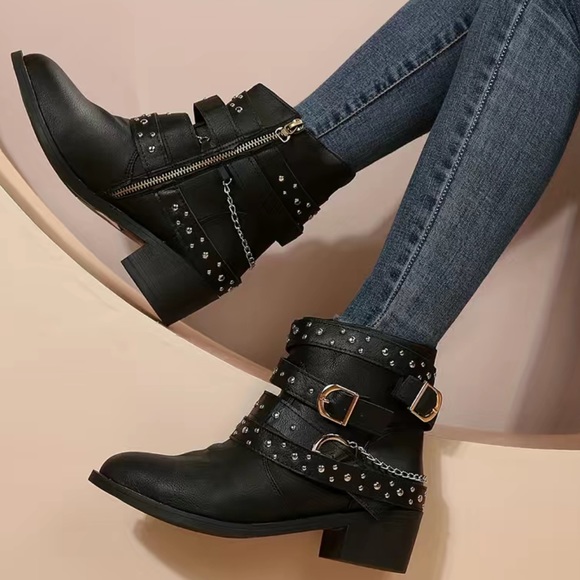 NWOT Studded Buckle Chain Ankle Boots, Chunky Low Heeled Booties, Side Zipper - Picture 3 of 10